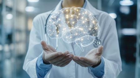 A healthcare expert holding a virtual brain, highlighting the importance of Alzheimer's and Parkinson's awareness in neurologyの素材