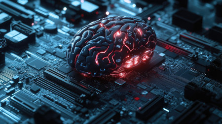 A futuristic motherboard designed as a brain, symbolizing advanced technology and AI generation. The board supports 12th Core processors, perfect for high-performance gamingの素材