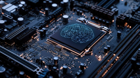 A futuristic motherboard with a brain design, supporting 12th Core processors and emphasizing AI technology and gamingの素材
