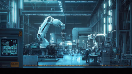 A futuristic factory setup with robots and smart devices, connected through an internet network, exemplifying Industry 4.0.の素材