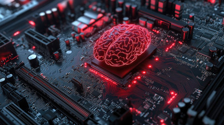 A motherboard designed as a brain, highlighting advanced technology, AI capabilities, and support for 12th Core processorsの素材