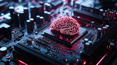 A motherboard with a brain-inspired design, highlighting a chipset and RAM slots for high-performance gaming and AI generationの素材