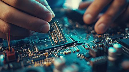 A technician carefully installs a CPU into the socket of a computer motherboard, focusing on precision and electronic engineering.の素材