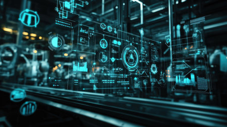 A smart factory's operations panel displaying icon graphics of connected systems, representing Industry 4.0 automation.の素材