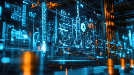 A smart factory's digital interface showing icon graphics of automation systems, emphasizing the integration of Industry 4.0 technologies.の素材