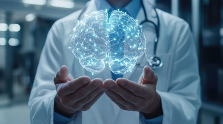 A neurologist holding a virtual brain, emphasizing the role of creative intelligence in mental health and neurological careの素材