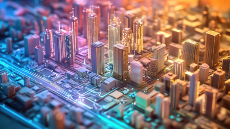 A smart city model with IoT devices and data flow, symbolizing the future of technology and business innovationの素材