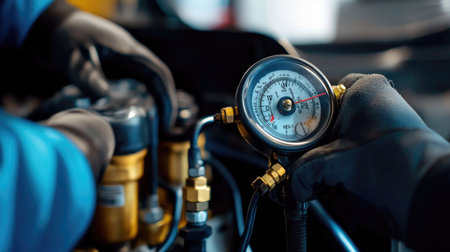 Mechanic attaching manifold gauge to car air conditioning system, checking for proper refrigerant pressure.の素材