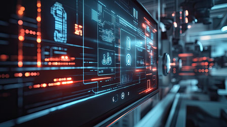 A smart factory's digital interface showing icon graphics of automation systems, emphasizing the integration of Industry 4.0 technologies.の素材