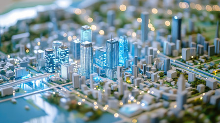 A smart city model with IoT devices and data flow, symbolizing the future of technology and business innovationの素材