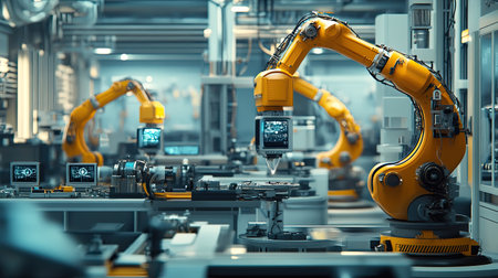 A smart factory environment with robotic arms and IoT devices, highlighting automated operations and industrial technologyの素材