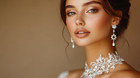An elegant model wearing a wedding jewelry set, featuring a delicate necklace and earrings, flawless makeup, and a beige backgroundの素材