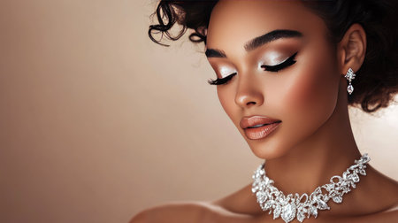 An elegant model showcasing a wedding jewelry set, focusing on her necklace and ring, with perfect eyeliner makeup and smooth skin, set against a beige backdropの素材