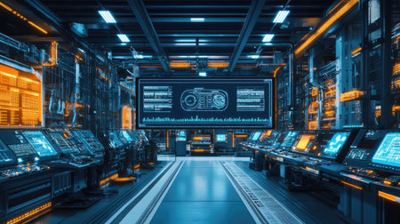 A smart factory's control room with a digital interface displaying automation system data, illustrating Industry 4.0 technology.の素材