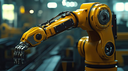A robotic arm in a factory setting, representing automation in smart industry and digital transformationの素材