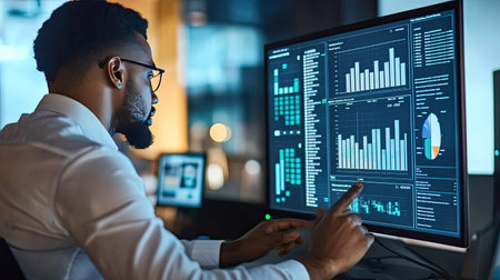 A professional analyzing big data on a computer screen, showcasing the integration of technology in business process strategyの素材