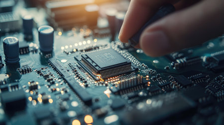A technician carefully places a CPU into the socket of a motherboard, showcasing electronic repair and assembly skills.の素材