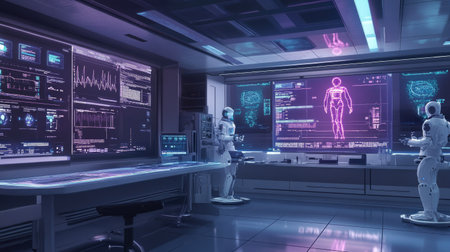 An advanced medical laboratory with digital robots and AI-powered holographic displays, illustrating cutting-edge healthcare technology.の素材