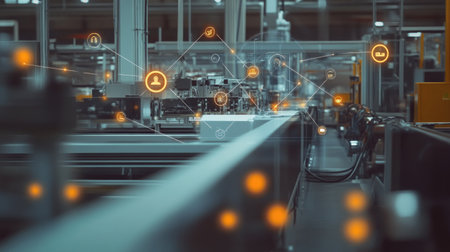 Icon graphics overlay showing a smart factory's automation and internet connectivity, illustrating the fourth industrial revolution.の素材