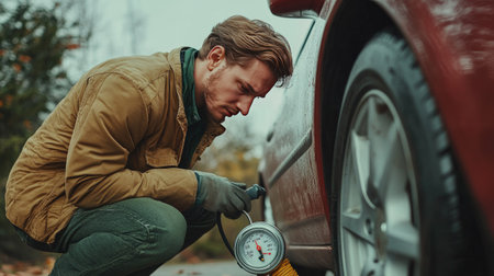 Man crouching by his car, using an air compressor to fill air in the tire, checking the gauge.の素材