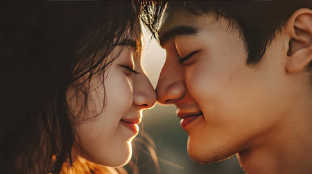 A tender scene of a young Asian couple, noses touching, with eyes closed and serene smiles, enjoying a quiet moment togetherの素材