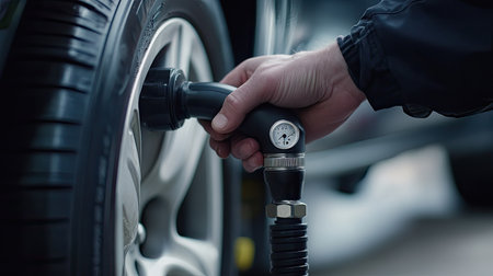 Close-up of air pump nozzle connected to a car tire, with a man adjusting the air pressure.の素材