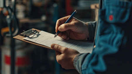 Close-up of a mechanic's hand with a pen, filling out a repair estimate on a clipboard in a garage.の素材