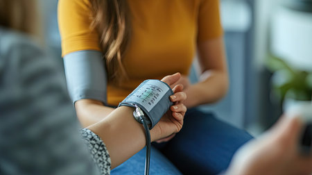 Closeup of a woman's arm during a blood pressure check, with the electronic cuff inflating and monitor active.の素材