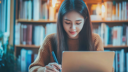 Asian student e-learning, writing in notebook while studying on laptop.の素材