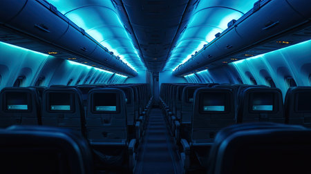 An empty airplane cabin with dimmed cabin lights, featuring rows of seats with personal entertainment screens turned offの素材