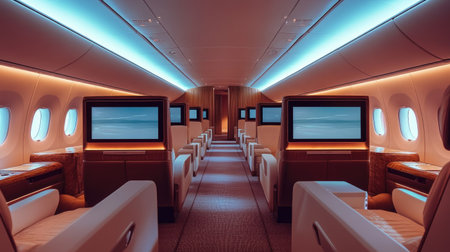 Empty first-class seats in an airplane, showcasing luxury features like large screens and spacious seatingの素材