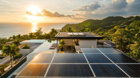 Hotel rooftop with solar panels, utilizing sunlight for sustainable energy in an island setting.の素材