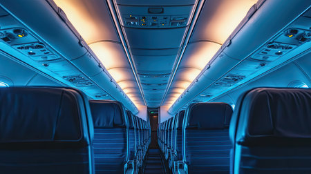 Empty airplane seats with individual overhead air vents and reading lightsの素材