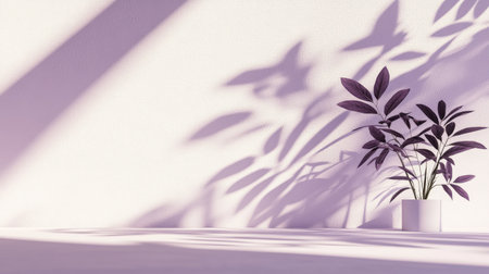 Minimalist studio background with white and purple tones, leaf shadows adding a natural element.の素材