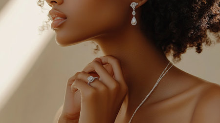 A close-up of a woman's hand wearing a ring, with her necklace and earrings in view, set against a soft beige backdropの素材