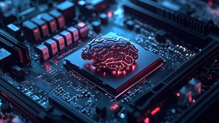 A futuristic motherboard with a brain design, showcasing a powerful chipset and RAM slots for AI and gamingの素材