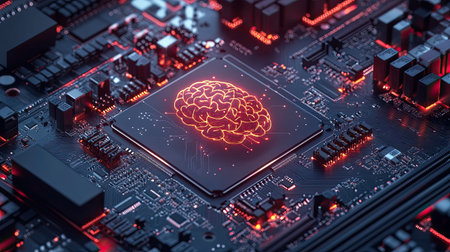 A digital illustration of a motherboard with brain technology, showcasing a chipset and RAM slots, perfect for AI and gamingの素材