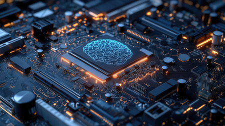 A digital rendering of a motherboard with brain elements, showcasing its chipset and RAM slots for gaming and AIの素材