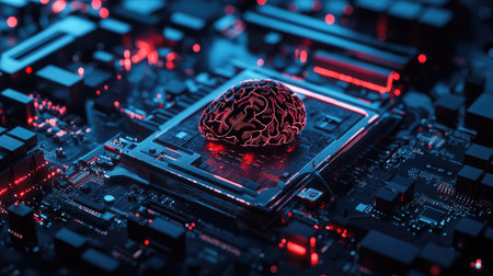 A futuristic motherboard with a brain design, supporting 12th Core processors and emphasizing AI technology and gamingの素材