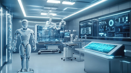 An advanced medical laboratory with digital robots and AI-powered holographic displays, illustrating cutting-edge healthcare technology.の素材