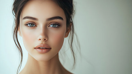 A portrait of a beautiful female model with perfectly clean skin, radiating natural beauty against a light backdropの素材