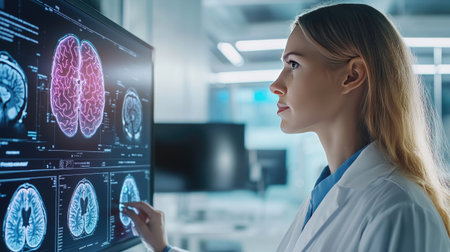 A neurologist showcasing a virtual brain, highlighting the importance of stroke and seizure awareness in neurological careの素材