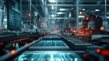 A smart industry factory with connected machines and data flow, highlighting the role of technology in business transformationの素材