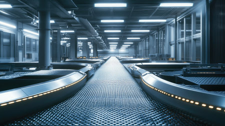 Modern conveyor belt system in a factory, emphasizing efficiency and automation.の素材