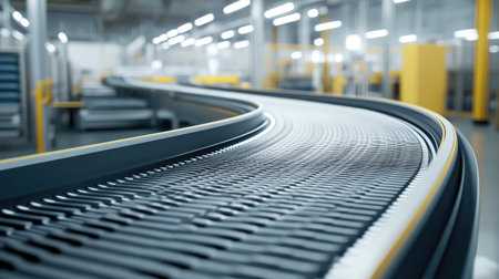 Modern conveyor belt in a factory environment, emphasizing the precision of automated systems.の素材