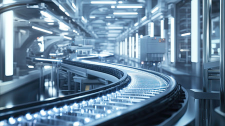 Modern conveyor belt in a factory, surrounded by high-tech machinery and equipment.の素材