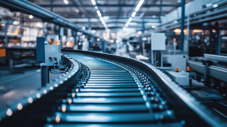 Modern conveyor belt in a factory, surrounded by high-tech machinery and equipment.の素材
