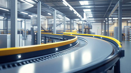 Modern conveyor belt system in a factory, emphasizing efficiency and automation.の素材