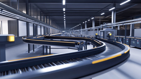 Modern conveyor belt system with control panels and automated sorting features.の素材