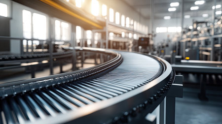 Modern production line featuring a sleek conveyor belt, highlighting efficiency and automation.の素材